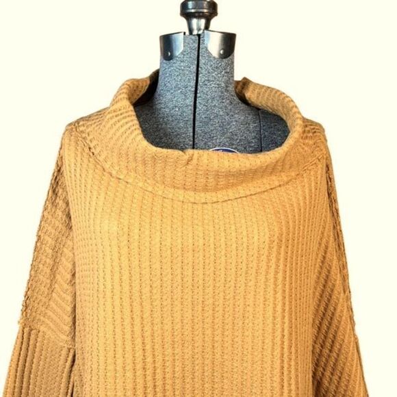 Free People Juicy Long Sleeve Cowl Neck Waffle Knit Split Back Top Mustard Sweat - Picture 7 of 16